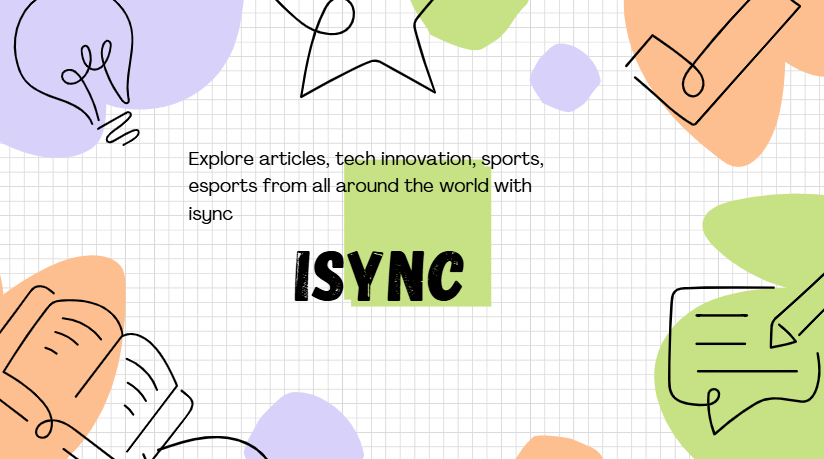 iSync platform showcasing articles, tech innovation, sports and esports content with colorful modern design elements